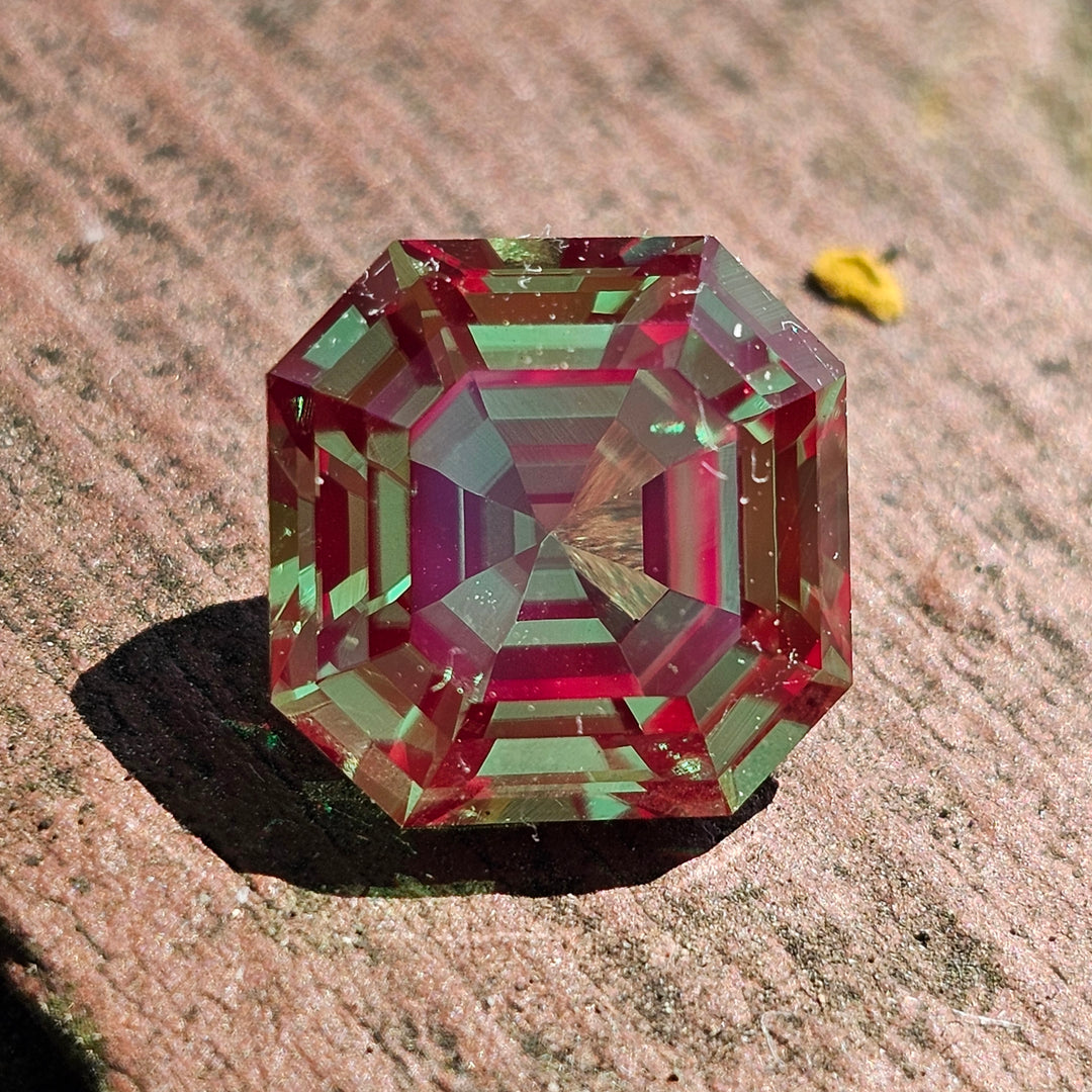 Czochralski Green and Red Christmas Garnet, Asscher Cut, 6.58 Carats