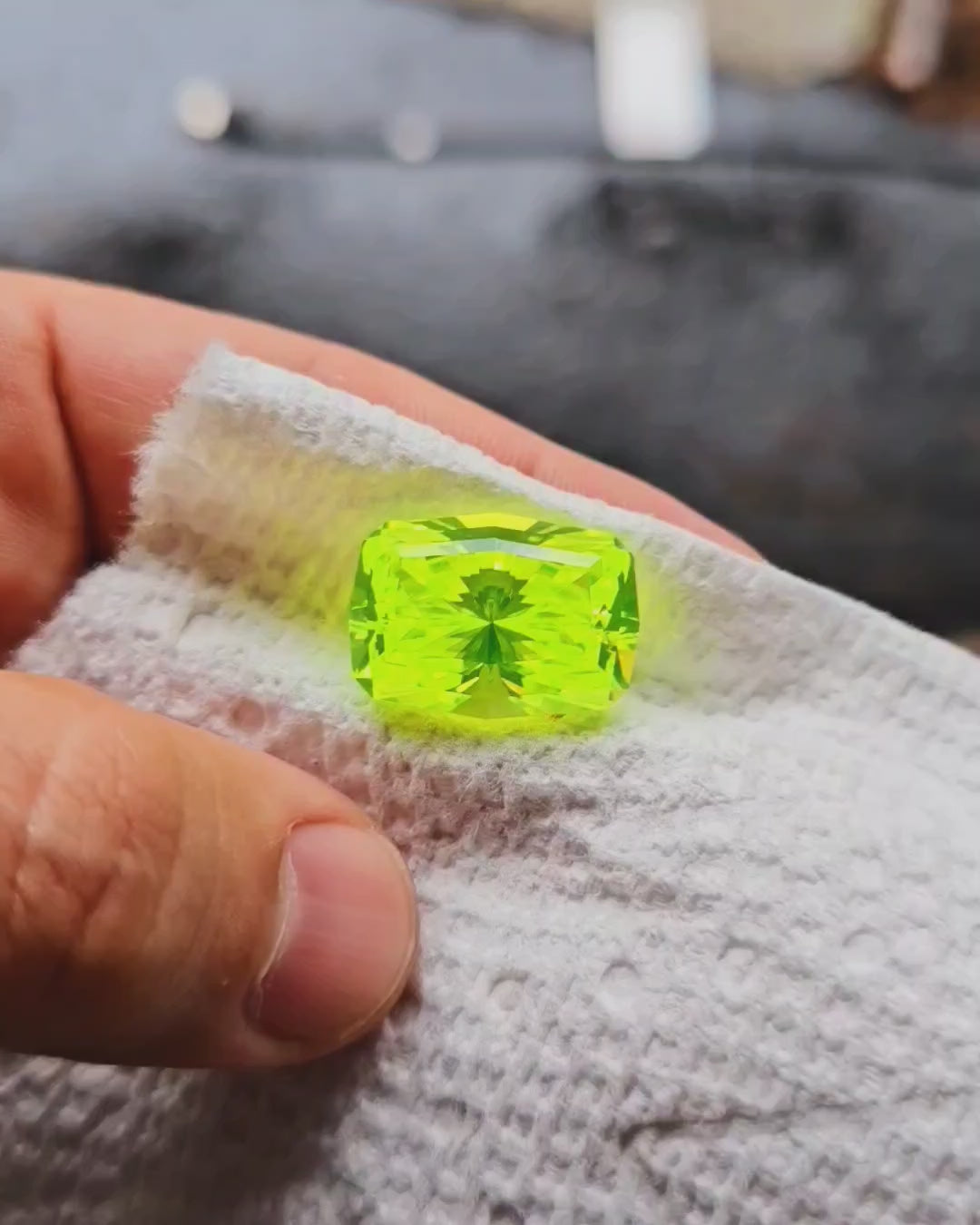 Green LuAG, Long Cushion Internal Reflections Cut, 53.45 Carats