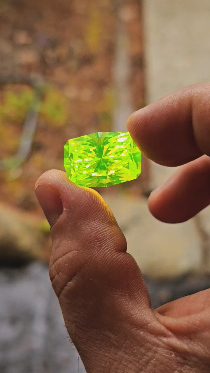 Green LuAG, Long Cushion Internal Reflections Cut, 53.45 Carats