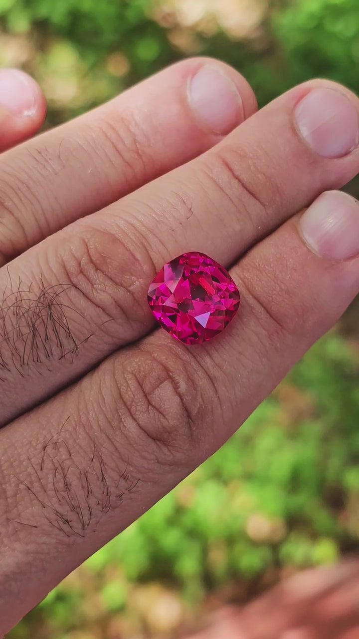 Fire Neon Red Lab Ruby, Cushion Step Cut, 12.5 Carats