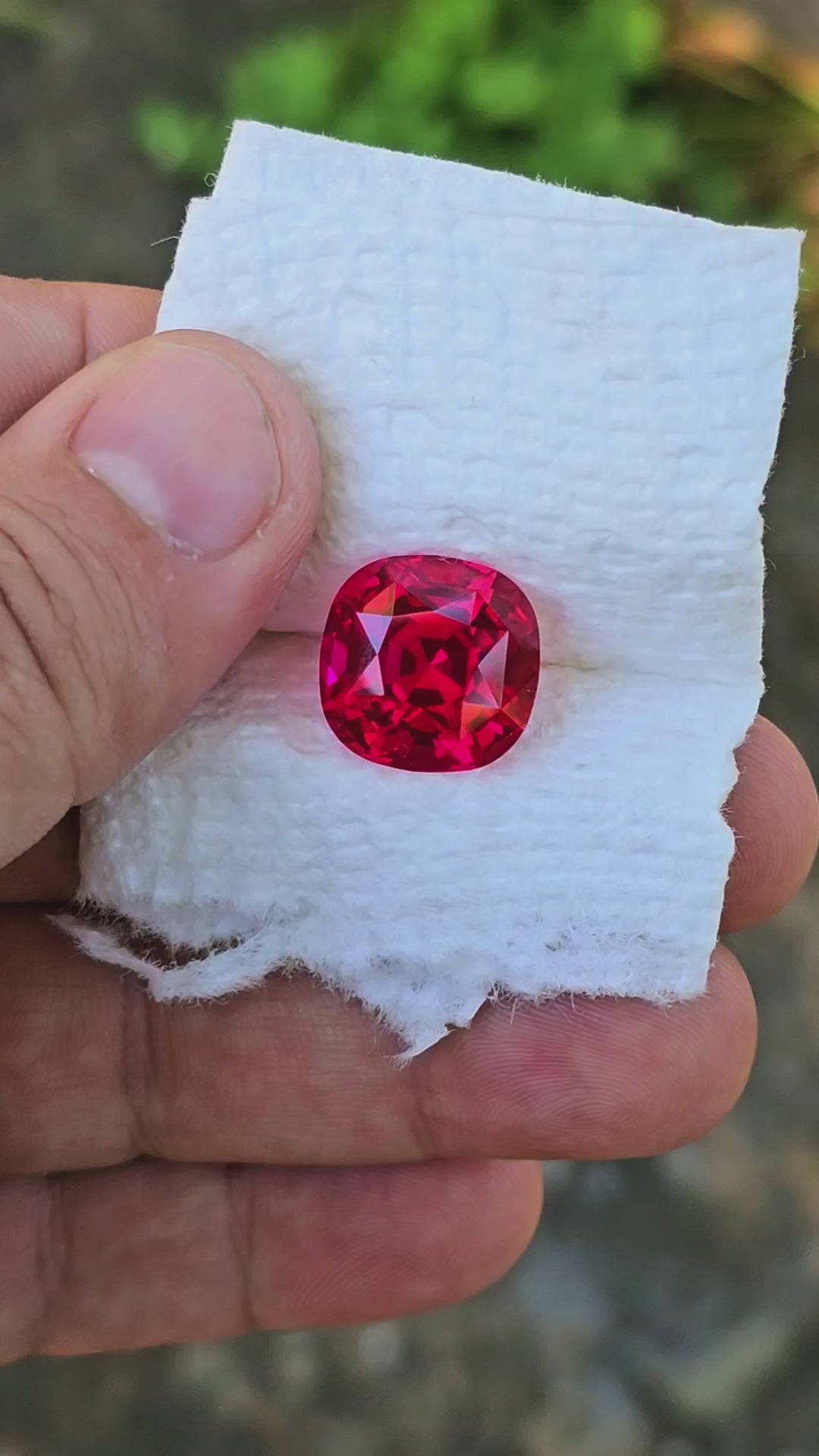 Fire Neon Red Lab Ruby, Cushion Step Cut, 18 Carats