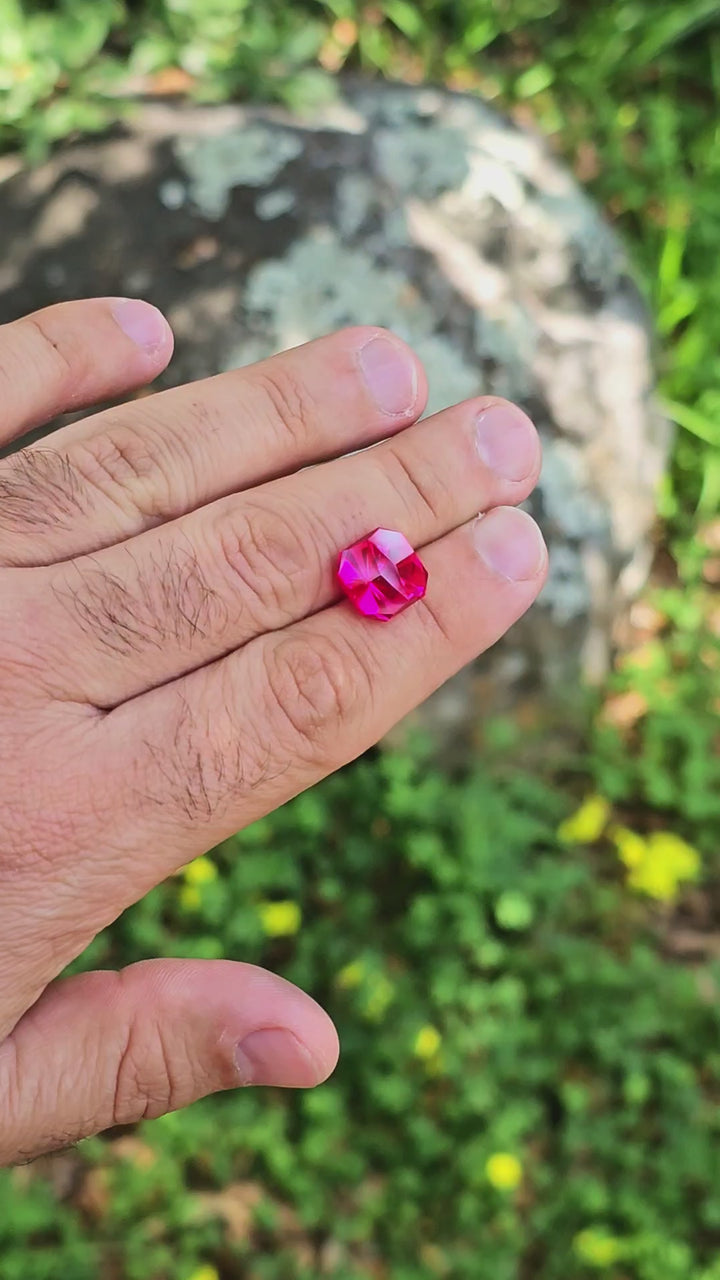 Fire Neon Pink Lab Sapphire, Tessellation Cut, 10.81 Carats
