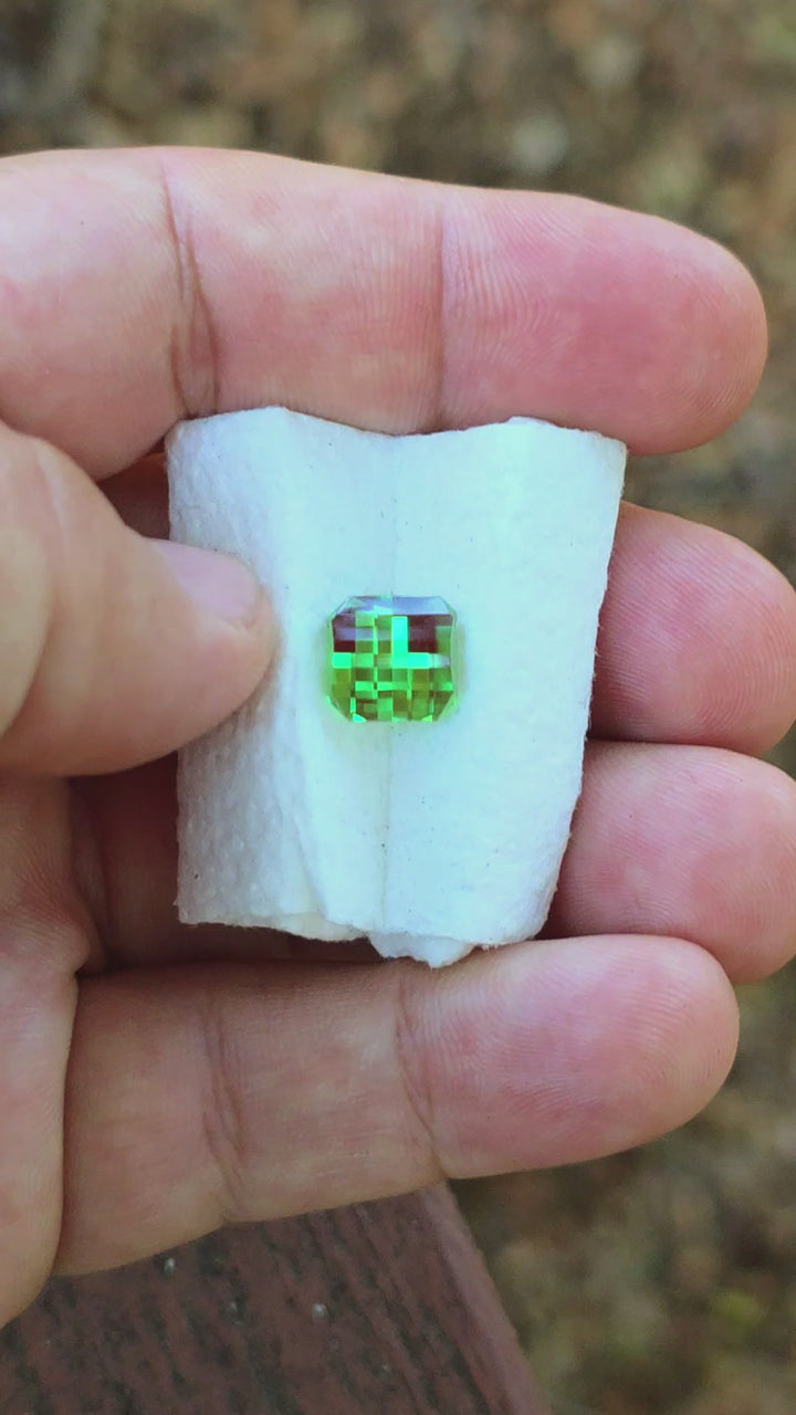 Czochralski Green and Red Christmas Garnet, Pixel Square Cut, 5.84 Carats