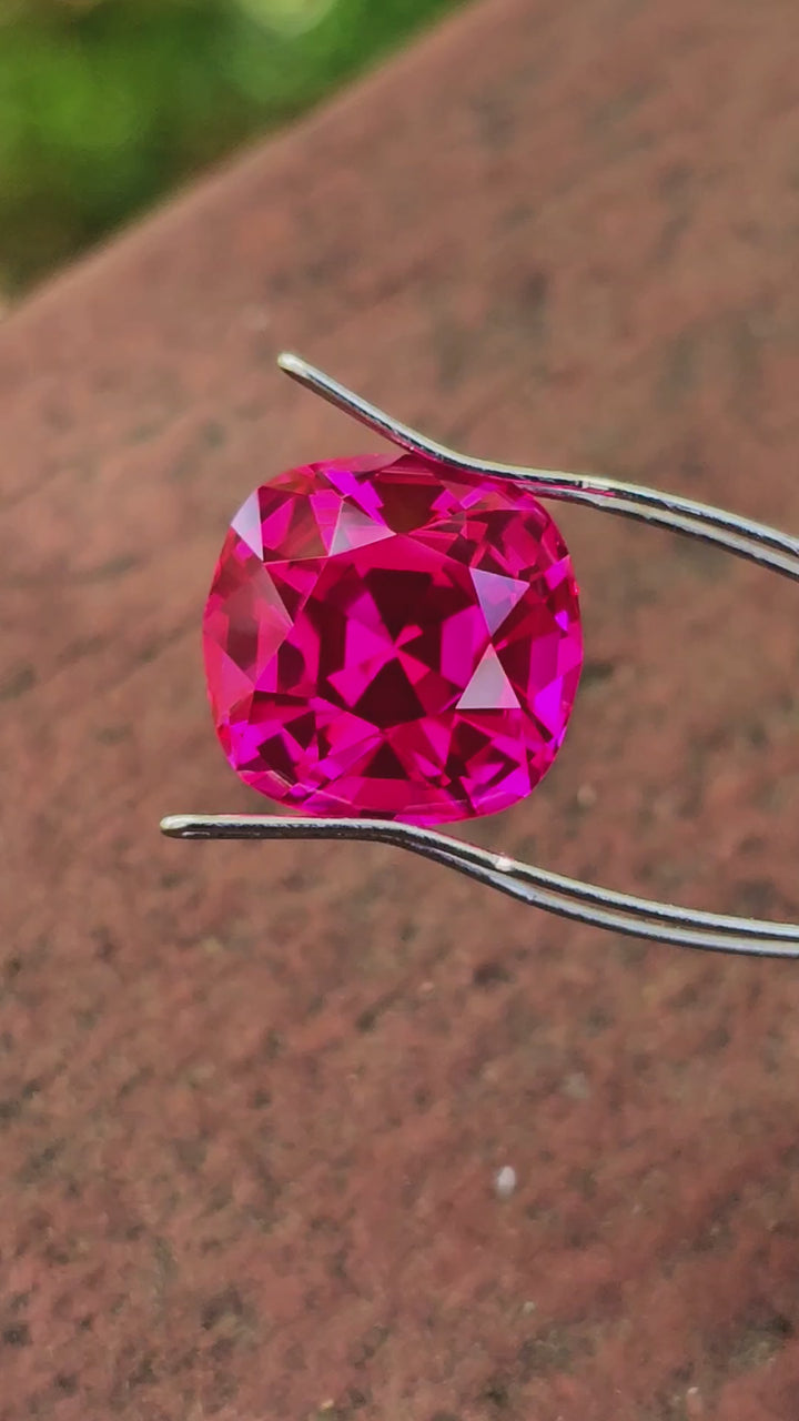 Fire Neon Red Lab Ruby, Cushion Step Cut,  12.5 Carats