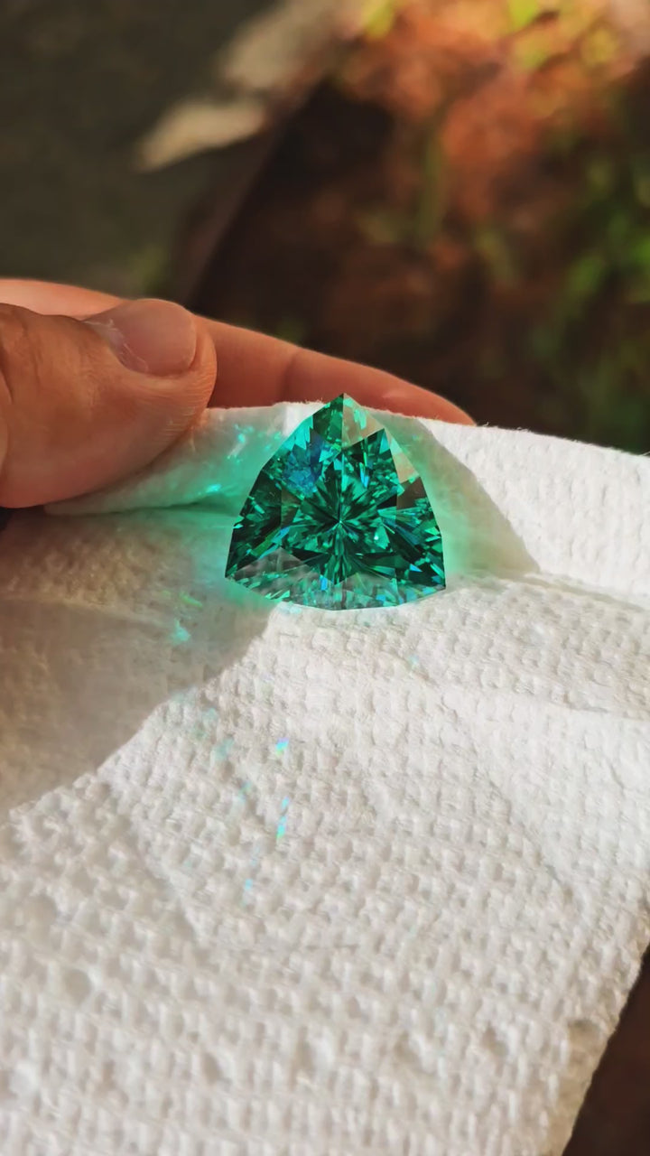 Teal "Paraiba" YAG, Trillian Internal Reflections Cut, 52.4 Carats