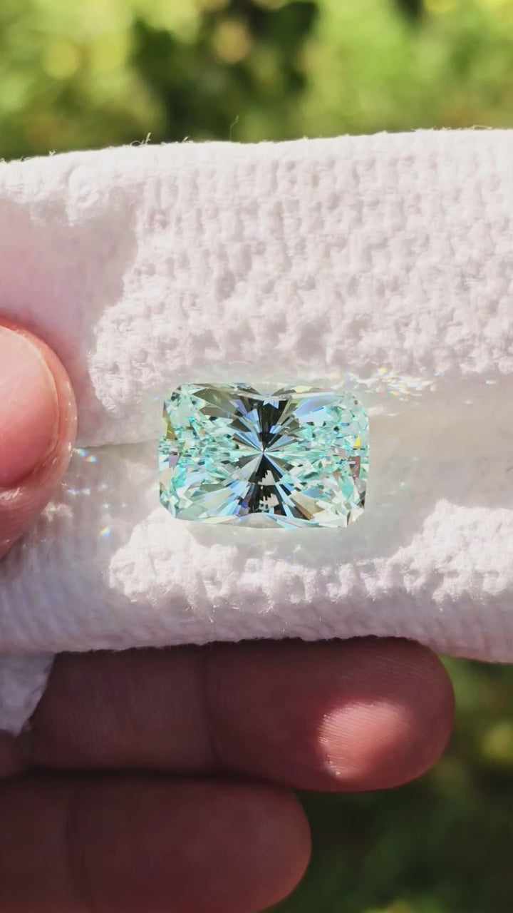 Aqua Colored Repurposed Laser Garnet, House Of Sylas Long Cushion Cut, 28.72 Carats