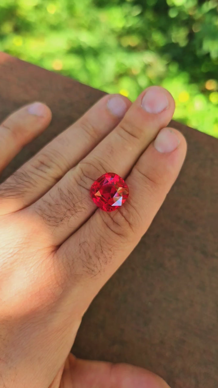 Fire Neon Red Lab Ruby, Cushion Step Cut, 18 Carats