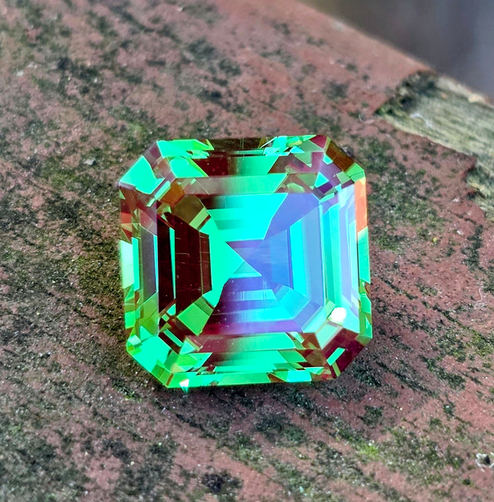 Czochralski Green and Red Christmas Garnet, Asscher Cut, 6.74 Carats