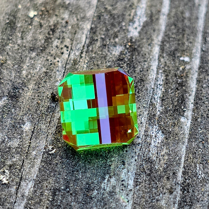 Czochralski Green and Red Christmas Garnet, Pixel Square Cut, 5.84 Carats