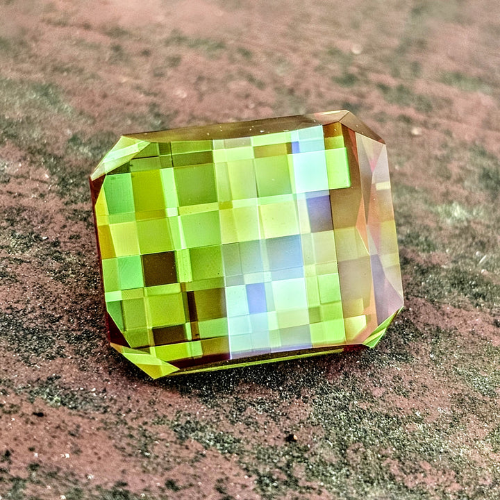 Kyroupolos Green and Red Christmas Garnet, Pixel Rectangle Cut, 16.64 Carats