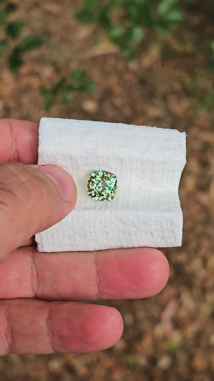 Czochralski Green and Red Christmas Garnet, House Of Sylas Cushion Cut, 6.39 Carats
