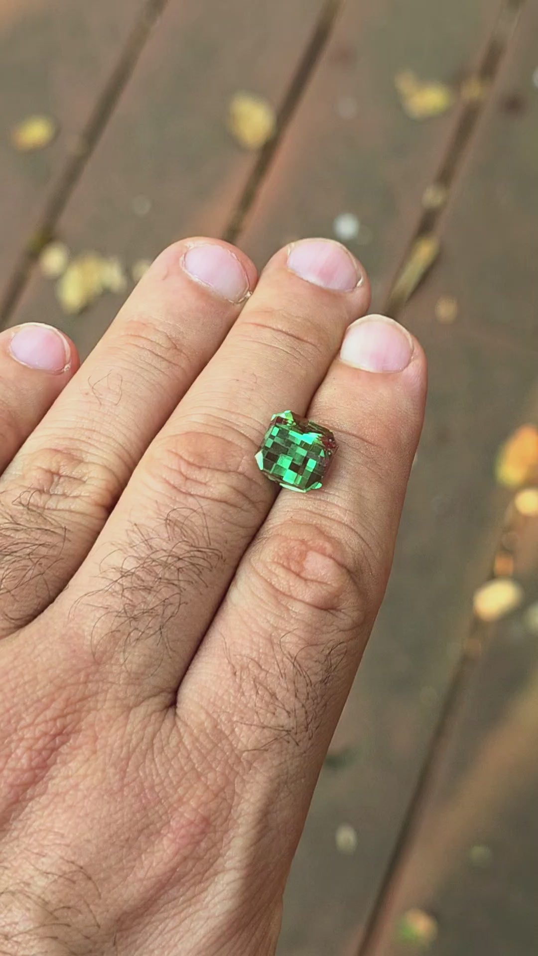 Czochralski Green and Red Christmas Garnet, Pixel Square Cut, 8.85 Carats