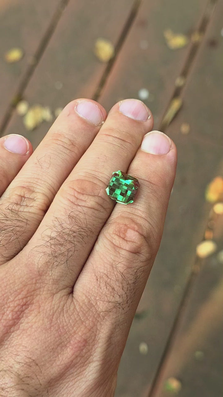 Czochralski Green and Red Christmas Garnet, Pixel Square Cut, 8.85 Carats