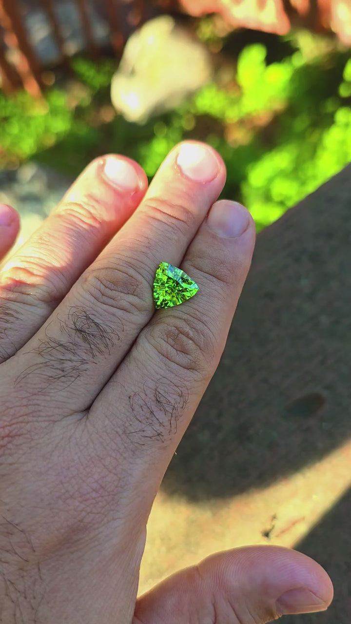 Peridot Green Colored Lab Sapphire, Trillian Step Cut, 6.06 Carats