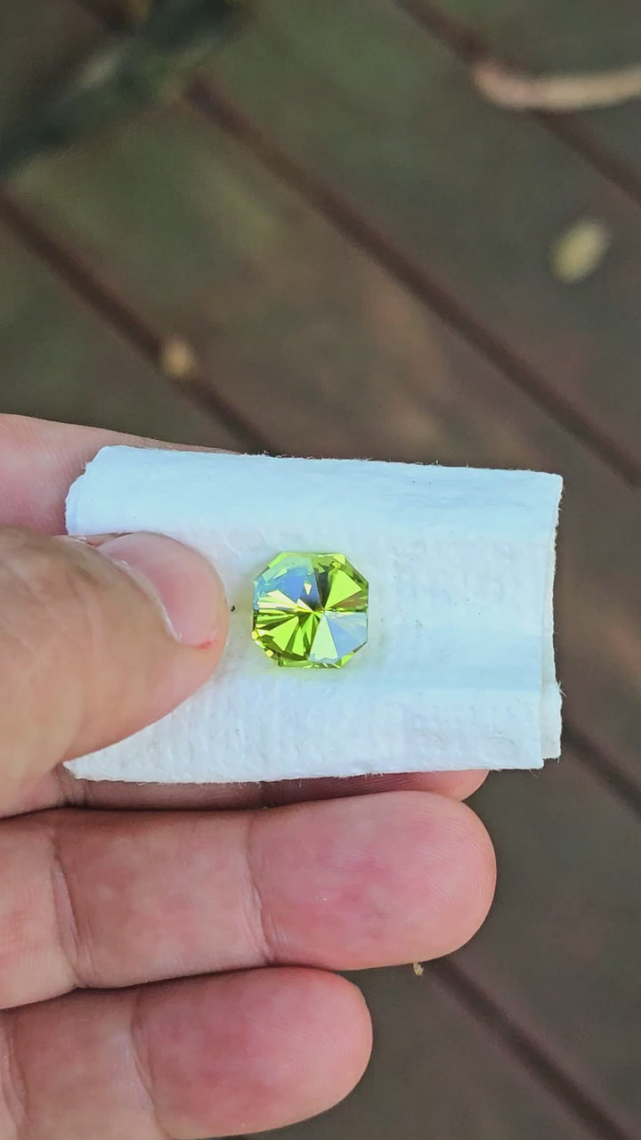 Peridot Green Colored Lab Sapphire, Tessellation Cut, 8.55 Carats