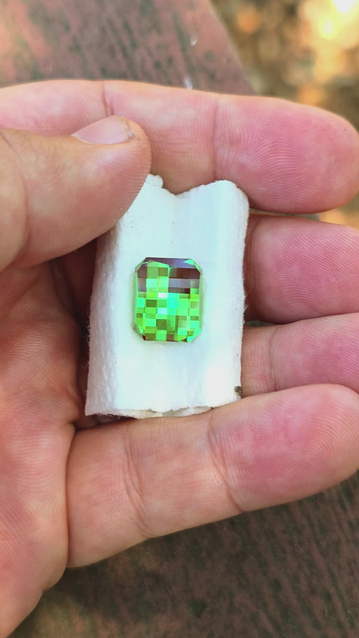 Czochralski Green and Red Christmas Garnet, Pixel Rectangle Cut, 11.35 Carats
