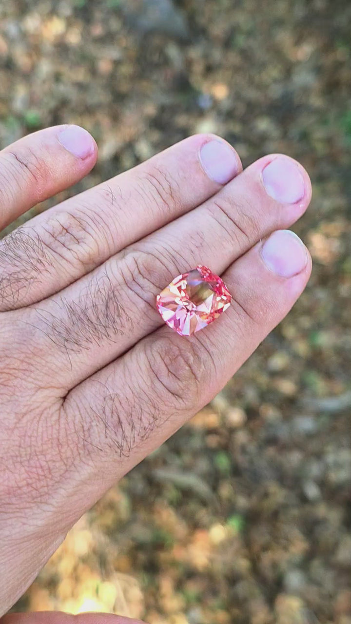 Light Orange Padparadscha Lab Sapphire, Cushion Internal Reflections Cut, 19.77 Carats