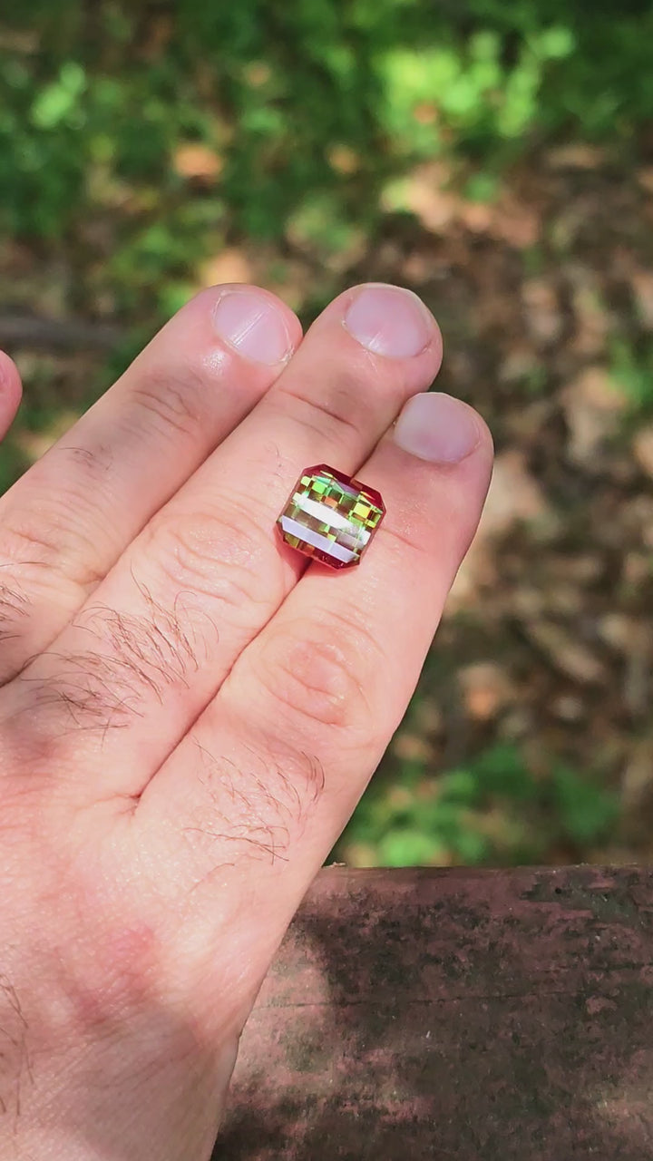 Kyroupolos Green and Red Christmas Garnet, Pixel Square Cut, 12.05 Carats