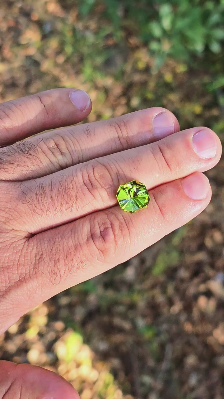 Peridot Green Colored Lab Sapphire, Tessellation Cut, 8.55 Carats