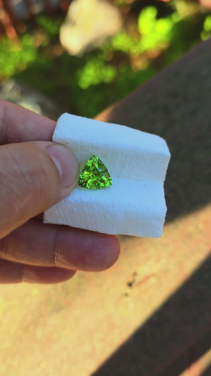 Peridot Green Colored Lab Sapphire, Trillian Step Cut, 6.06 Carats