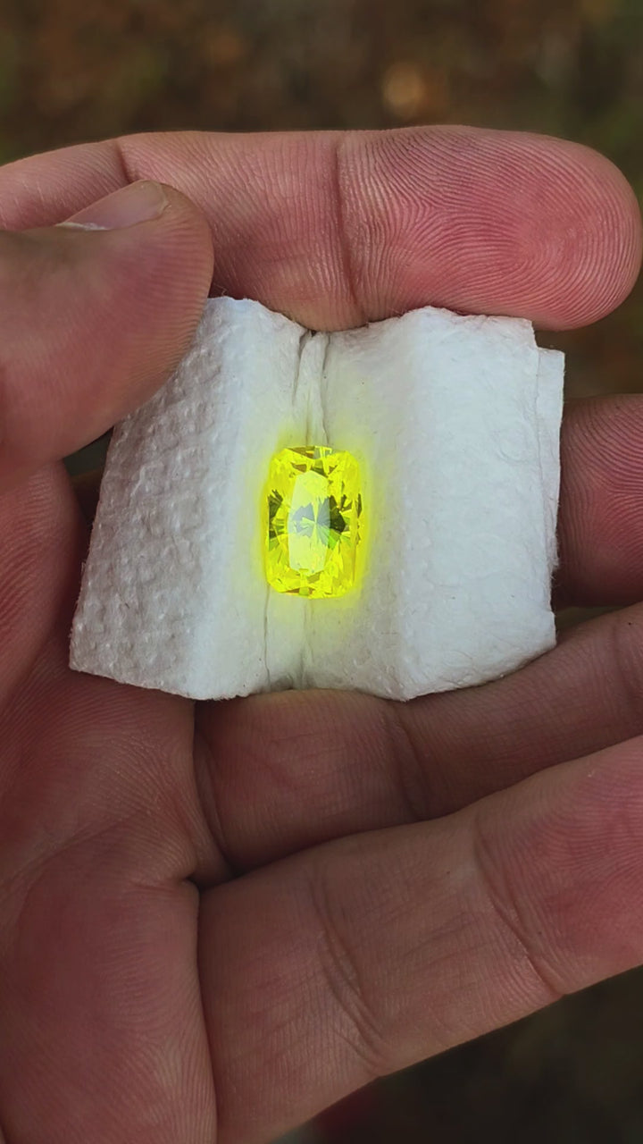 "Ultra" Glow In The Dark Lab Garnet, House Of Sylas Long Cushion Cut, 10.10 Carats