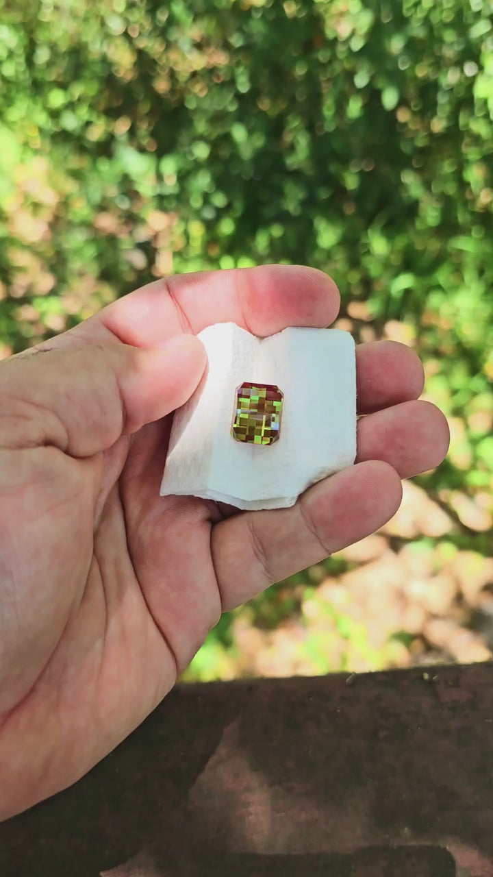 Kyroupolos Green and Red Christmas Garnet, Pixel Rectangle Cut, 16.64 Carats