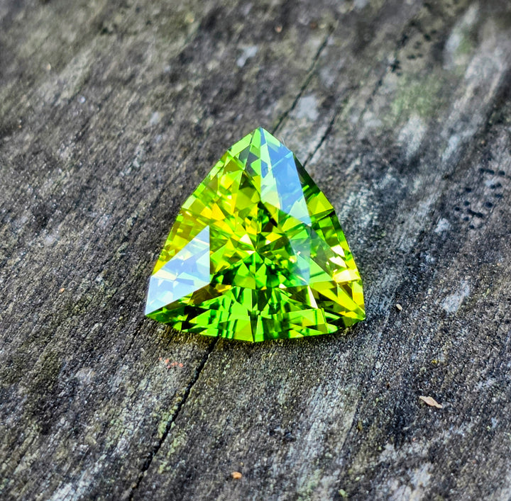Peridot Green Colored Lab Sapphire, Trillian Step Cut, 6.06 Carats