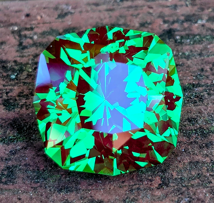 Czochralski Green and Red Christmas Garnet, House Of Sylas Cushion Cut, 31.19 Carats