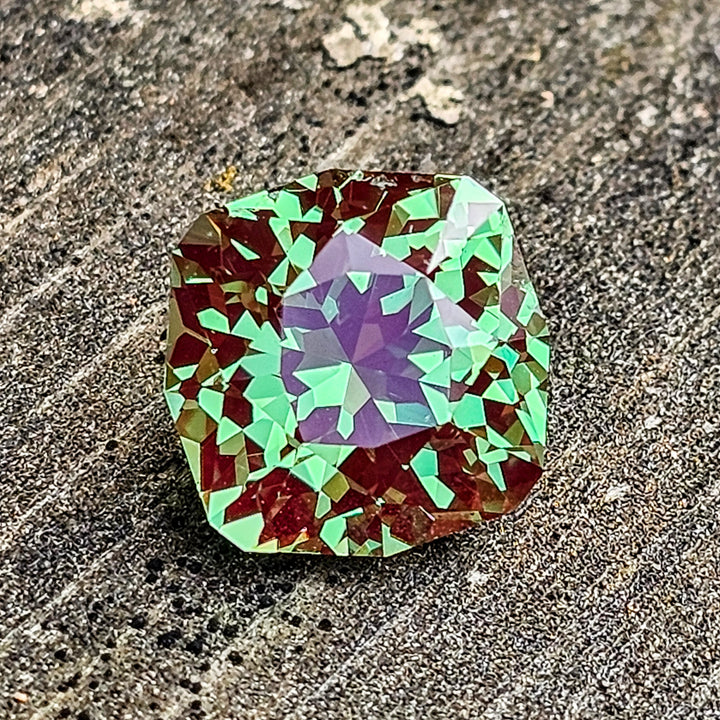 Czochralski Green and Red Christmas Garnet, House Of Sylas Cushion Cut, 6.39 Carats